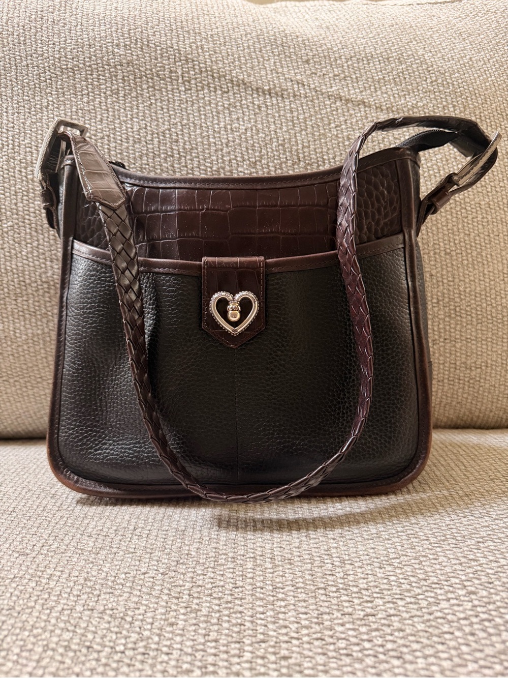 Brighton Vintage Brown Leather Croc Embossed Shoulder Bag Heart Lock